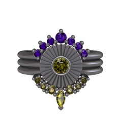 Minimal Tria Cora Yüzük - Ametist ve peridot 925 ayar siyah rodyum kaplama gümüş yüzük #c6gp76