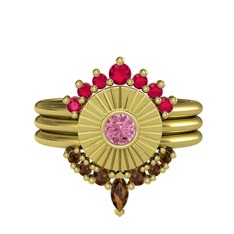 Minimal Tria Cora Yüzük - Rodolit garnet, pembe kuvars ve dumanlı kuvars 18 ayar altın yüzük #c7inag