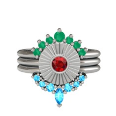 Kök zümrüt, garnet ve akuamarin 18 ayar beyaz altın yüzük