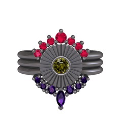 Minimal Tria Cora Yüzük - Rodolit garnet, peridot ve ametist 925 ayar siyah rodyum kaplama gümüş yüzük #chfd75