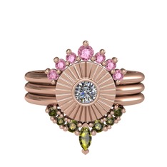 Pembe kuvars, pırlanta ve peridot 14 ayar rose altın yüzük (0.16 karat)
