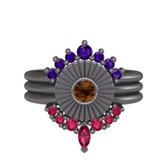 Minimal Tria Cora Yüzük - Ametist, dumanlı kuvars ve rodolit garnet 925 ayar siyah rodyum kaplama gümüş yüzük #cn0odz