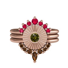 Minimal Tria Cora Yüzük - Rodolit garnet, peridot ve dumanlı kuvars 925 ayar rose altın kaplama gümüş yüzük #ctbjl0