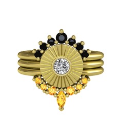 Minimal Tria Cora Yüzük - Siyah zirkon, swarovski ve sitrin 18 ayar altın yüzük #d0fgrl