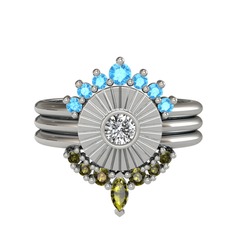 Minimal Tria Cora Yüzük - Akuamarin, swarovski ve peridot 18 ayar beyaz altın yüzük #d3fgfu