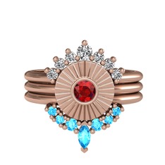 Minimal Tria Cora Yüzük - Beyaz zirkon, garnet ve akuamarin 14 ayar rose altın yüzük #d3h5sw