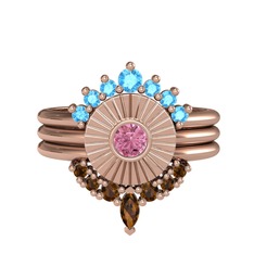 Akuamarin, pembe kuvars ve dumanlı kuvars 18 ayar rose altın yüzük