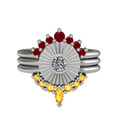 Minimal Tria Cora Yüzük - Kök yakut, pırlanta ve sitrin 8 ayar beyaz altın yüzük (0.16 karat) #dccr46