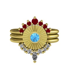 Minimal Tria Cora Yüzük - Kök yakut, akuamarin ve beyaz zirkon 18 ayar altın yüzük #dq0ptf