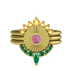 Sitrin, pembe kuvars ve yeşil kuvars 18 ayar altın yüzük