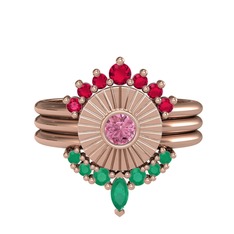 Minimal Tria Cora Yüzük - Rodolit garnet, pembe kuvars ve kök zümrüt 8 ayar rose altın yüzük #eb60ym