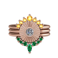 Minimal Tria Cora Yüzük - Sitrin, pırlanta ve yeşil kuvars 925 ayar rose altın kaplama gümüş yüzük (0.16 karat) #ef329j