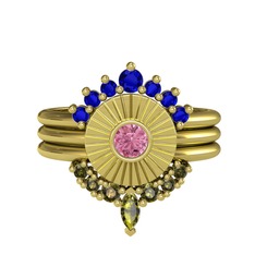 Minimal Tria Cora Yüzük - Lab safir, pembe kuvars ve peridot 18 ayar altın yüzük #eft7ct