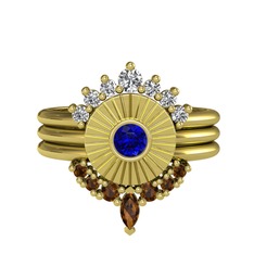 Minimal Tria Cora Yüzük - Swarovski, lab safir ve dumanlı kuvars 8 ayar altın yüzük #ehu6o2