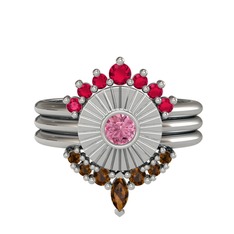 Minimal Tria Cora Yüzük - Rodolit garnet, pembe kuvars ve dumanlı kuvars 925 ayar gümüş yüzük #eqgzzd