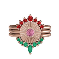 Minimal Tria Cora Yüzük - Garnet, pembe kuvars ve kök zümrüt 14 ayar rose altın yüzük #f10n0