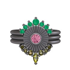 Minimal Tria Cora Yüzük - Kök zümrüt, pembe kuvars ve peridot 925 ayar siyah rodyum kaplama gümüş yüzük #fseljj