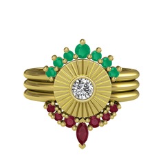 Minimal Tria Cora Yüzük - Kök zümrüt, swarovski ve kök yakut 14 ayar altın yüzük #ft59m3