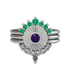 Minimal Tria Cora Yüzük - Kök zümrüt, ametist ve swarovski 18 ayar beyaz altın yüzük #g2ml50