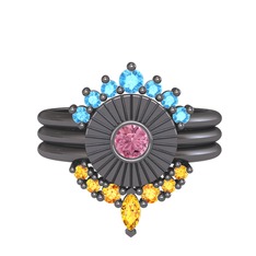 Minimal Tria Cora Yüzük - Akuamarin, pembe kuvars ve sitrin 925 ayar siyah rodyum kaplama gümüş yüzük #g30h4c