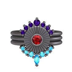 Minimal Tria Cora Yüzük - Ametist, garnet ve akuamarin 925 ayar siyah rodyum kaplama gümüş yüzük #g5wvub