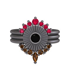 Minimal Tria Cora Yüzük - Rodolit garnet, siyah zirkon ve dumanlı kuvars 925 ayar siyah rodyum kaplama gümüş yüzük #gbb744