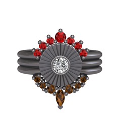 Minimal Tria Cora Yüzük - Garnet, beyaz zirkon ve dumanlı kuvars 925 ayar siyah rodyum kaplama gümüş yüzük #gednzm