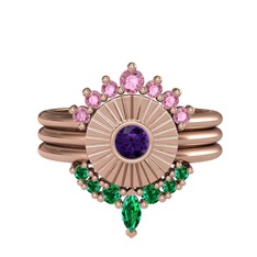 Minimal Tria Cora Yüzük - Pembe kuvars, ametist ve yeşil kuvars 14 ayar rose altın yüzük #giiqhe