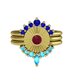 Minimal Tria Cora Yüzük - Lab safir, kök yakut ve akuamarin 8 ayar altın yüzük #glrwqs