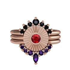 Minimal Tria Cora Yüzük - Siyah zirkon, garnet ve ametist 8 ayar rose altın yüzük #gmljfa