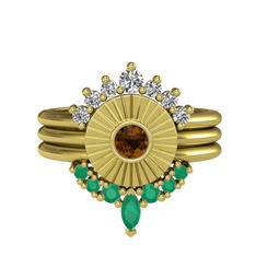 Beyaz zirkon, dumanlı kuvars ve kök zümrüt 18 ayar altın yüzük