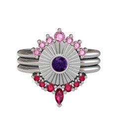Pembe kuvars, ametist ve rodolit garnet 14 ayar beyaz altın yüzük