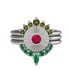 Peridot, rodolit garnet ve yeşil kuvars 14 ayar beyaz altın yüzük