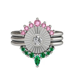 Minimal Tria Cora Yüzük - Pembe kuvars, swarovski ve yeşil kuvars 14 ayar beyaz altın yüzük #hqwnd0