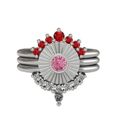 Garnet, pembe kuvars ve beyaz zirkon 18 ayar beyaz altın yüzük