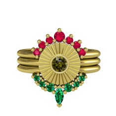 Minimal Tria Cora Yüzük - Rodolit garnet, peridot ve yeşil kuvars 14 ayar altın yüzük #i0y2n9