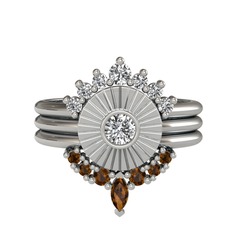 Minimal Tria Cora Yüzük - Beyaz zirkon, swarovski ve dumanlı kuvars 8 ayar beyaz altın yüzük #igya42