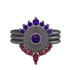 Minimal Tria Cora Yüzük - Ametist ve kök yakut 925 ayar siyah rodyum kaplama gümüş yüzük #inygol