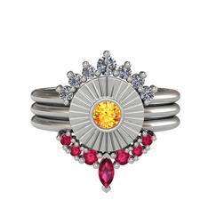 Minimal Tria Cora Yüzük - Pırlanta, sitrin ve rodolit garnet 14 ayar beyaz altın yüzük (0.42 karat) #ipzmh6