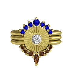 Minimal Tria Cora Yüzük - Lab safir, swarovski ve dumanlı kuvars 18 ayar altın yüzük #ir23qh