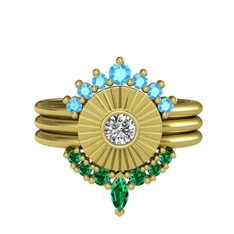 Akuamarin, swarovski ve yeşil kuvars 925 ayar altın kaplama gümüş yüzük