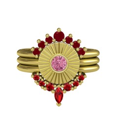 Kök yakut, pembe kuvars ve garnet 8 ayar altın yüzük