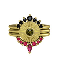 Minimal Tria Cora Yüzük - Siyah zirkon, peridot ve rodolit garnet 18 ayar altın yüzük #j05oeq