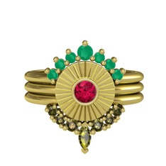 Kök zümrüt, rodolit garnet ve peridot 18 ayar altın yüzük