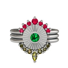 Minimal Tria Cora Yüzük - Rodolit garnet, yeşil kuvars ve peridot 18 ayar beyaz altın yüzük #jk2fmx