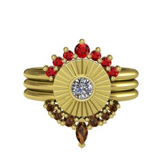 Minimal Tria Cora Yüzük - Garnet, pırlanta ve dumanlı kuvars 14 ayar altın yüzük (0.16 karat) #jkio2k