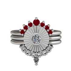 Minimal Tria Cora Yüzük - Kök yakut, pırlanta ve beyaz zirkon 8 ayar beyaz altın yüzük (0.16 karat) #k379mx