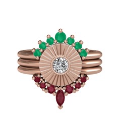 Minimal Tria Cora Yüzük - Kök zümrüt, swarovski ve kök yakut 18 ayar rose altın yüzük #k4tmqs