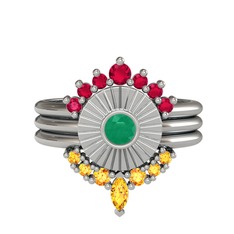 Minimal Tria Cora Yüzük - Rodolit garnet, kök zümrüt ve sitrin 14 ayar beyaz altın yüzük #kbnpqa