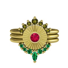 Minimal Tria Cora Yüzük - Peridot, rodolit garnet ve yeşil kuvars 14 ayar altın yüzük #kk9e63